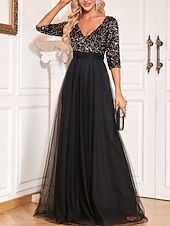 baratos AZUL-Vestido de Gala em A Vestido Elegante Formal Casamento Comprimento do Chão Manga 3/4 Decote em V Com Lantejoulas com Lantejoulas