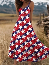 cheap Independence Day Dress-Women&#039;s Patriotic  Maxi Dress A Line Dress Slip Dress Vacation Casual Daily Holiday Regular Fit Graphic American Flag Sleeveless V Neck Spaghetti Strap