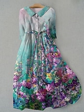 ieftine rochie florală-Pentru femei Rochii Midi Rochie de schimb Casual Zilnic Fit regulat Floral Grafic Manșon Jumate Rever Verde Intens Albastru piscină Trifoi Vară Primăvară