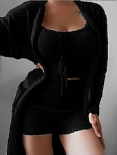 ieftine Bluze și pantaloni de pijama pentru femei-Pentru femei Set pijama 3 Piese Casual Confortabili Culoare pură Talie elastică pufos Tricou Pantaloni Scurți Casă Zilnic Manșon Lung Stil Nautic Negru Alb Roz Îmbujorat Albastru piscină Trifoi