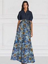 economico FLORALI-Abito da sera elegante A-Line in broccato jacquard floreale con colletto a camicia e tasca in nylon con tasca