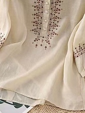 billige Skjorter-Dame Skjorter i bomullslin Helfarge Grunnleggende Fritid 3/4 ermer Crew-hals Vanlige topper Daglig Broderi Knapper Rosa Blå Aprikos Sommer