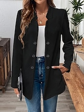 billiga Blazers och kostymer-Dam Kavaj Bekväm Andningsfunktion Knappar Ledigt Slät Kontor Gata Ledigt Dagliga kläder Enkelknäppt Normal Hög krage Normal Långärmad Ytterkläder Svart Vit Rodnande Rosa Sommar Höst