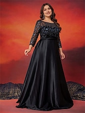 billiga SVART-A-Linjeklänningar Plus Size Elegant Kurva Klänning Formell Bröllop Golvlängd Långa Ärmar Runda Hals Siden med Pärlor