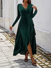 abordables Robe blanche-Femmes Robe maxi Robe Portefeuille Robe trapèze Occasionnel Quotidien Coupe régulière Uni manche longue Col en V Noir Rouge Vert Automne Hiver