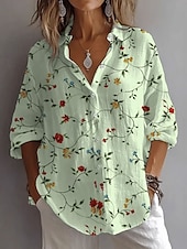 ieftine Topuri florale-Pentru femei Cămașă Floral Grafic Frunze Zilnic Stilat Casual Manșon Lung Guler Cămașă Topuri obișnuite Zilnic Concediu Nasturi Imprimeu Alb Albastru piscină Trifoi Vară Primăvară