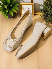 Недорогие Block Heels-женские бежевые туфли на плоской подошве с квадратным носком и жемчужной пряжкой, туфли из искусственной ткани на низком каблуке для элегантных повседневных образов и ежедневных свиданий