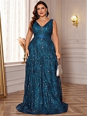 preiswerte SCHWARZ-A-Linie Plus Size Kleider Elegantes Kurvenkleid Formelles Hochzeitskleid Bodenlang Ärmellos V-Ausschnitt Spitze mit Pailletten 2025
