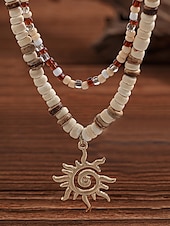 cheap Men&#039;s Jewelry-Men&#039;s Tribal Beaded Sun Pendant Necklace – Retro Bohemian Layered Jewelry with Adjustable Length for Beach, Festival and Casual Summer Outfits