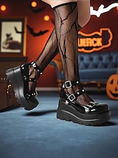 olcso 1980-as évek-női, 1980-as évekbeli fekete platform Mary Jane cipők csatokkal és szív alakú szegecsekkel – gótikus punk lolita stílus halloweenre, cosplayre és esti kiruccanásokra