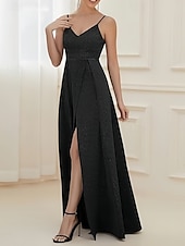 preiswerte Kleider für Hochzeitsgäste-A-Linie Hochzeitsgast Kleider Elegantes Kleid Hochzeitsgast Verlobung Bodenlang Ärmellos V-Ausschnitt Lurex-Stoff mit Falten Raffung Schlitz
