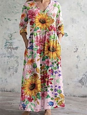 ieftine Rochii florale-Pentru femei Rochii Midi Rochie A line Casual În aer liber Ieșire Potrivire Largă Floral Grafic Lungime Manșon 3/4 În V Negru Roz Îmbujorat Albastru piscină Portocaliu Vară Primăvară Toamnă