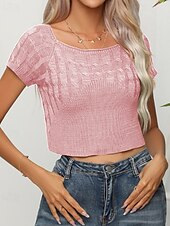 billige Kvinne Enkle Topper-Dame Genser Fritid Helfarge Tykk U-hals Strikket Kort Erme Vanlige topper Strikke Daglig Ferie Ut på byen Hvit Rosa Sommer