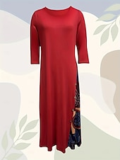 cheap Plain Dress-Women&#039;s Maxi Dress A Line Dress Summer Dress Casual Daily Regular Fit Floral Graphic 3/4 Length Sleeve Crew Neck Black Red Summer Autumn