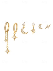 tanie Kolczyki damskie-damski pozłacany zestaw kolczyków w kształcie gwiazdy i księżyca – delikatne niebiańskie cyrkonie i wiszące kolczyki na modne przyjęcia, prezenty i na co dzień