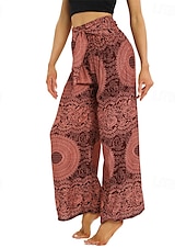baratos perna larga e cintura alta-Mulheres Perna larga Calças Casual Boho Comprimento total Cintura Alta Imprimir Bolsos Design de cordão elástico Respirabilidade Macio Micro-Elástica Férias Rua Roupa Diária Vermelho Verde Verão