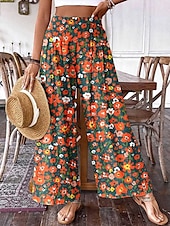 ieftine picior lat și talie înaltă-Pentru femei Pantaloni Pantaloni Palazzo Modă Boho Lungime totală Talie Înaltă Floral Talie elastică Confortabil Comfortabil Micro-elastic Stradă Purtare Zilnică Ieșire Roz Portocaliu Vară Primăvară