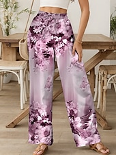 abordables jambe large et taille haute-Femmes Culottes Jambe Large Chinos Pantalons Amples Vacances ancien Mode Longueur complète Taille haute Fleuri Graphique Dégradé Ceinture Élastique Impression Respirant Doux Micro-Élastique Formel
