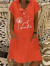 ieftine Rochii Boho-Pentru femei Rochii Midi Rochie de in Rochie casual Rochie Boho Rochie imprimata Elegant Modă Clasic Mâneci Bufante Vacanță Concediu Rochie de toamna Fit regulat Păpădie Manșon scurt În V Galben