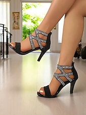 cheap Dress Sandals-Women&#039;s Black Strappy Rhinestone High Heel Sandals, Open-Toe Stiletto Design with Glam Zigzag Detailing, Elegant Party Style for Daily Date Night, Club Outings, Summer Evenings or Cocktail Events