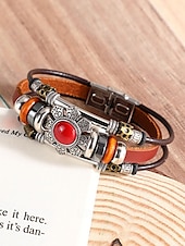 preiswerte Herrenschmuck-Türkisfarbenes Lederarmband für Herren mit Totenkopf und Metallakzenten, Bohème-Western-Stil, perfekt für die Freizeit und den Alltag
