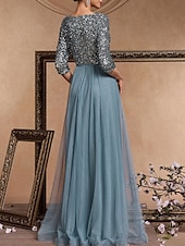 baratos AZUL-Vestido de Gala em A Vestido Elegante Formal Casamento Comprimento do Chão Manga 3/4 Decote em V Com Lantejoulas com Lantejoulas