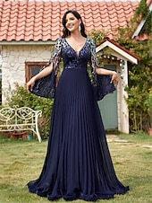 voordelige BLAUW-A-Lijn Quinceañera Jurken Elegante Jurk Formele Bruiloft Vloer Lengte Halve Mouwen V-hals Polyester Met Slits