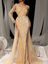 cheap Evening Dresses-Brown Mermaid / Trumpet Evening Gown Elegant Dresse Embroidered Lace Applique Formal Wedding Floor Length Long Sleeve Crew Neck Tulle with Sequin Skirt