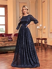 ieftine albastru-Rochii A-Line quinceanera rochie elegantă rochie formală nuntă lungime până la podea mânecă 3/4 guler cămașă poliester cu pliuri
