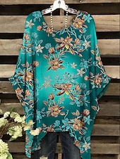 billige Blomstrete topper-Dame Bluse Blomstret Grafisk Elegant Årgang Daglig Kortermet Flaggermusermer Crew-hals Vanlige topper Daglig Ferie Strand Klær Gul Rød Blå Lilla Grønn Sommer Vår