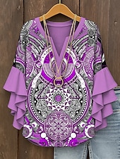 levne Dámské boho topy-Dámské Halenka Grafika Geometrický Elegantní Čechy Geleneksel 3/4 délka rukávu Do V Běžné topy Denní Dovolená Oblečení na dovolenou Volány Tisk Žlutá Světlá růžová Vodní modrá Fialová Trávová zelená