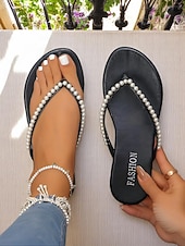 cheap Slide Sandals-Women's Pearl Embellished Flip Flop Sandals - Casual Chic Thong Flats for Daily Outings and Summer Dates
