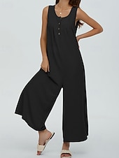 olcso alkalmi kombiné-Női Szabályos Jumpsuitek Utcai sikk Tömör szín Ujjatlan U-alakú Gombok Zseb Utca Napi Normál Fekete Sötétkék Medence Nyár