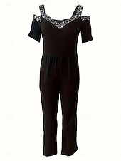 cheap Art&amp;Design Jumpsuit-Women's Normal Jumpsuit Elegant Geometric Short Sleeve Wide Leg V Neck Patchwork High Waist Party Work Regular Fit Black Wine Blue Summer