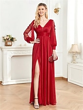 olcso Fekete-A-vonal Quinceanera Ruhák Elegáns Ruha Formális Esküvői Padló Hosszúságú Hosszú Ujjú V Nyak Sifon V Hátsó Ráncokkal Hasítékkal
