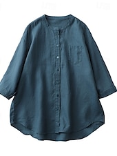 abordables Hauts Unis pour Femmes-Chemisier Femme à Boutonnage Quotidien Rétro Vintage Décontracté à Manches 3/4 Col Ras du Cou Hauts de Travail Quotidiens Bleu Clair Vert Forêt Chanvre Blanc Été Printemps Automne