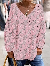 cheap Floral tee-Women&#039;s T Shirt Floral Graphic Elegant Vintage Fashion Long Sleeve V Neck Regular Tops Daily Weekend Print Pink Blue Purple Green Spring Fall