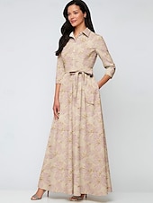 abordables Longueur du plancher-Robe du soir A-Linie en jacquard en brocart élégante robe formelle mariage longueur de sol à manches longues col chemise en nylon avec nœud(s) et poche