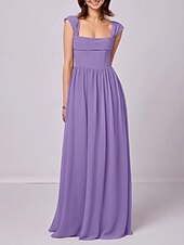 baratos Vestidos para Madrinhas-Vestido de madrinha linha A, alças, sem mangas, elegante, longo, chiffon, com pregas / franzido, 2025