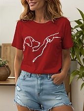 abordables T-shirt Animaux-Femmes T-shirt Graphique Animal Chien ancien Élégant Classique Manche Courte Col ras du cou Col rond Hauts Réguliers Quotidien Week-end Imprimé Noir et blanc Blanc / Noir Blanche Rose Claire Rouge