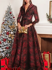 cheap RED-Red Jacquard Gown A-Line Evening Elegant Dress Formal Wedding Floor Length Long Sleeve Shirt Collar Pocket Nylon with Bow(s) Slit Pocket