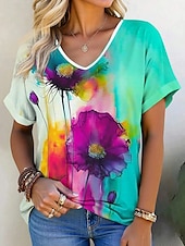 abordables T-shirt floral-Femmes T-shirt Fleuri Graphique ancien Élégant Moderne Manche Courte Col en V Hauts Réguliers Quotidien Imprimé Rose Claire Fuchsia Vert Été Printemps