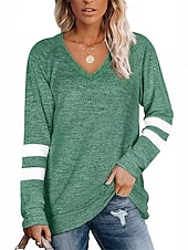 billiga Randig och geometrisk t-shirt-Dam T-shirt Randig Mode Stylish Modern Långärmad V-hals Vanliga toppar Dagligen Helgen Mönster Svart Blå Grön Kaki Sommar