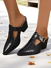 abordables Sabots et mules femme-Mules à talon bloc pour femme en relief croco – chaussures à enfiler avec boucle décorative et design découpé, chaussures de ville élégantes pour le bureau, le travail et le quotidien