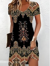levne Boho šaty-Dámské Mini šaty Tričkové šaty Letní šaty prázdniny Na běžné nošení Cikánský Denní Dovolená Jdeme ven Běžný Grafika Kašmírový vzor Krátký rukáv Do V Černá Fialová Trávová zelená Léto