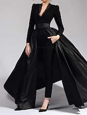 baratos Macacões da mamãe-Macacão  Conjunto Mãe da Noiva Macacão Saia Sobressalente Elegante Simples Minimalista Decote em V Comprimento do Chão Comprimento do Tornozelo Cetim Crepe Tecido Elástico Manga Longa com Renda