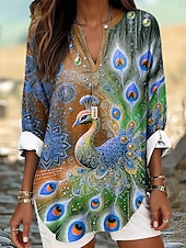 abordables Animaux Tops-Femmes Chemisier Fleuri Graphique Animal Élégant manche longue Col en V Hauts Réguliers Quotidien Fête Imprimé Bleu Orange Vert Été Printemps