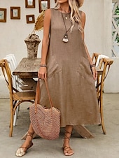 preiswerte Weißes Kleid-Damen Maxikleid A Linie Kleid Sommerkleid Lässig Täglich Normale Passform Einfach Ärmellos Rundhalsausschnitt Wein Blau Braun Grün Sommer