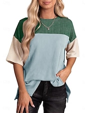 billige Stripe og geometrisk t-skjorte-Dame T skjorte Fargeblokk Mote Moderne Fritid Kortermet Crew-hals Vanlige topper Daglig Helg Lapper Svart Rosa Oransje Grønn Kakifarget Sommer Vår