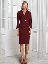 abordables Ensembles de robes pour maman-Robe en tricot bouclé en tweed, ensemble deux pièces, fourreau/colonne, robe mère de la mariée, élégante, simple, minimaliste, col en V, revers, longueur thé, manches 3/4 avec bouton en métal doré